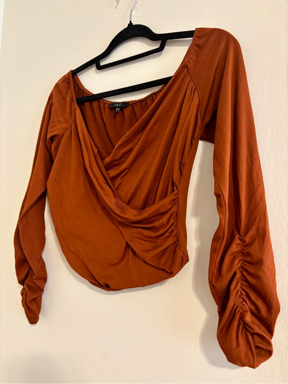 iris Rust Ruched Long-Sleeve Wrap Crop Top